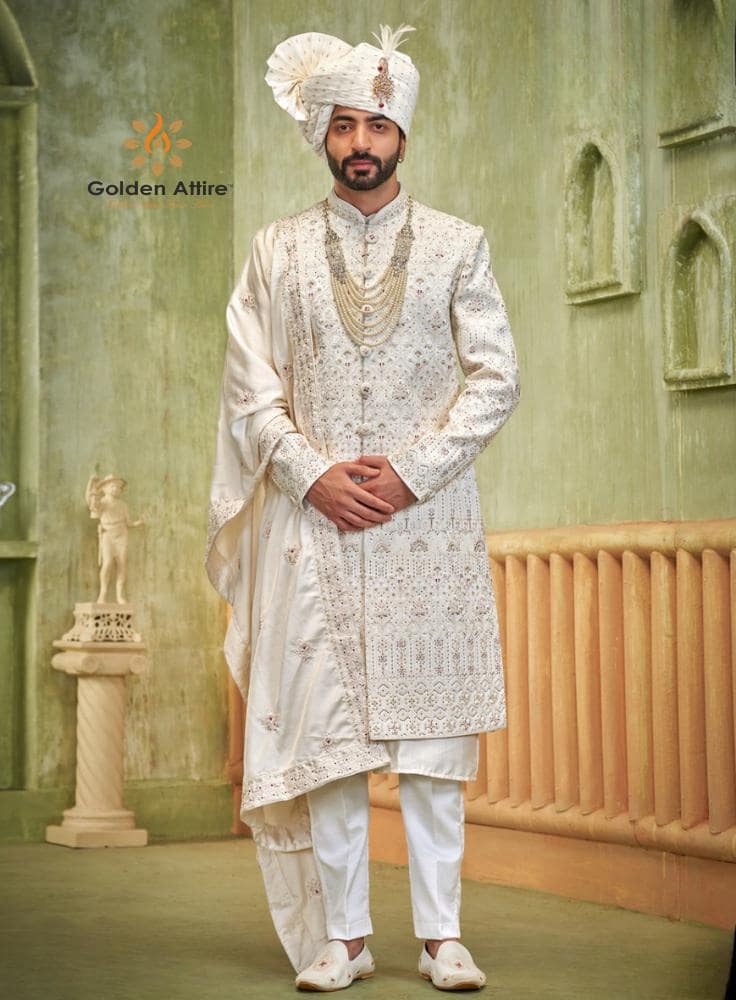 Ivory Embroidered Sherwani Set for Men - Indian Wedding Outfit, Groom Attire