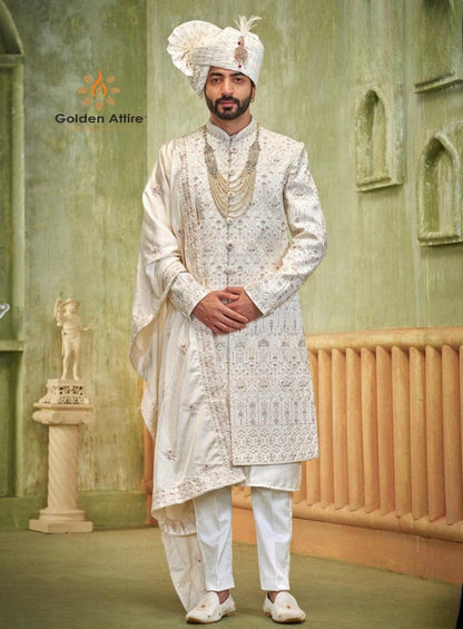 Ivory Embroidered Sherwani Set for Men - Indian Wedding Outfit, Groom Attire
