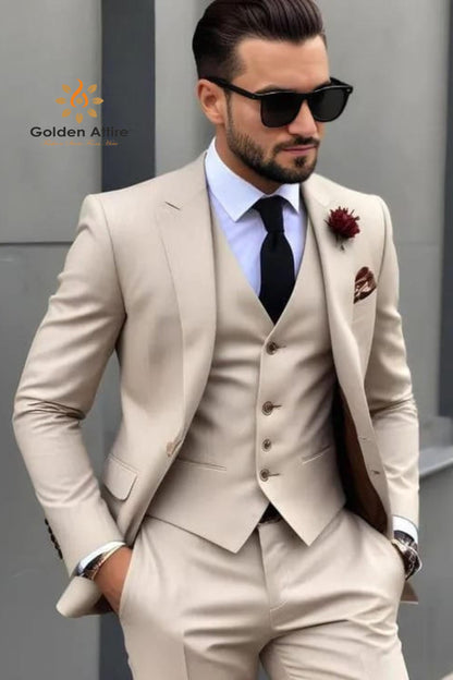 Beige Terry Rayon Three-Piece Suit, Elegant Wedding Groom Suit