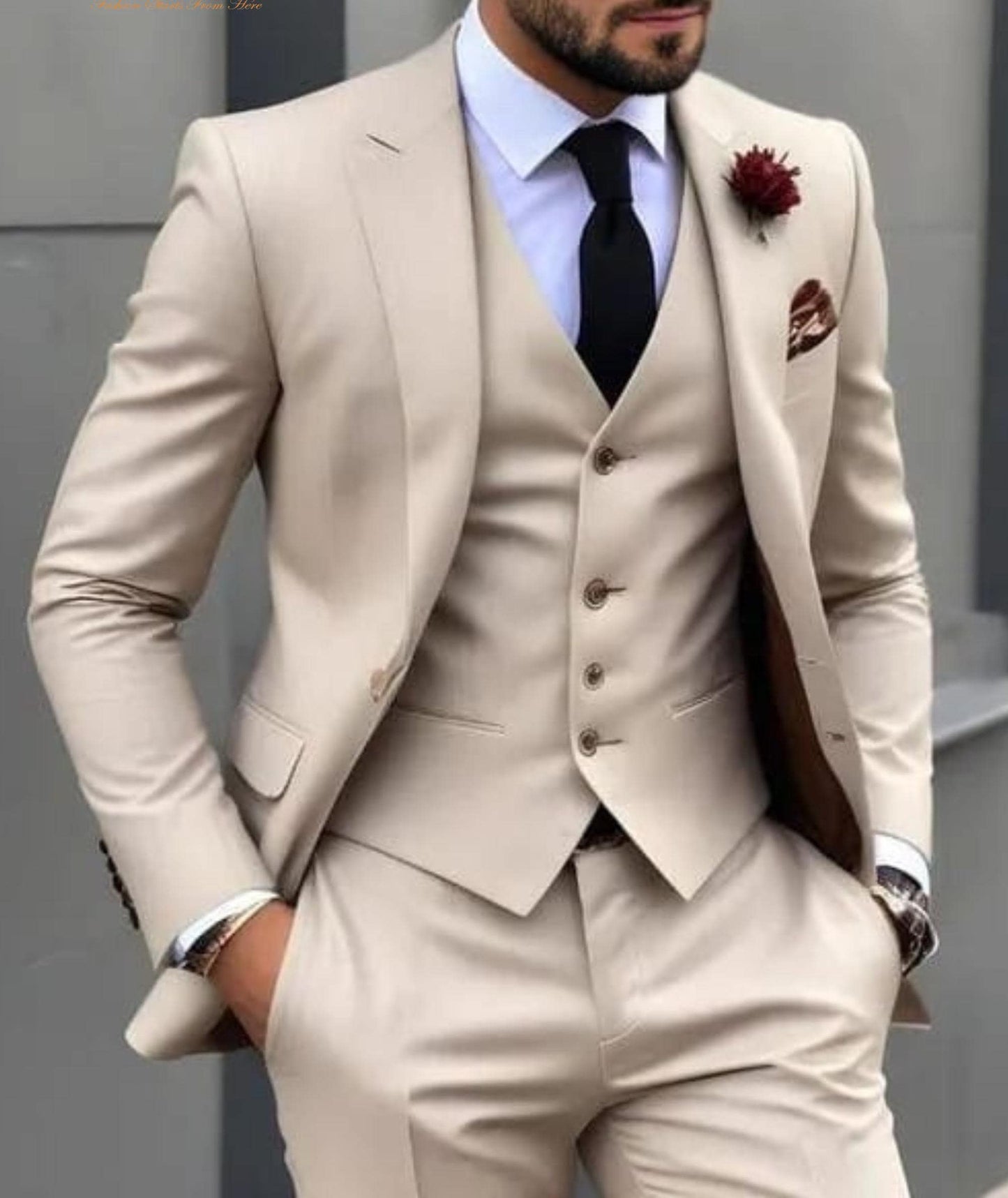 Beige Terry Rayon Three-Piece Suit, Elegant Wedding Groom Suit
