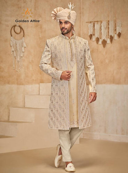 Beige Wedding Sherwani, Indian Groom Outfit, Full Set