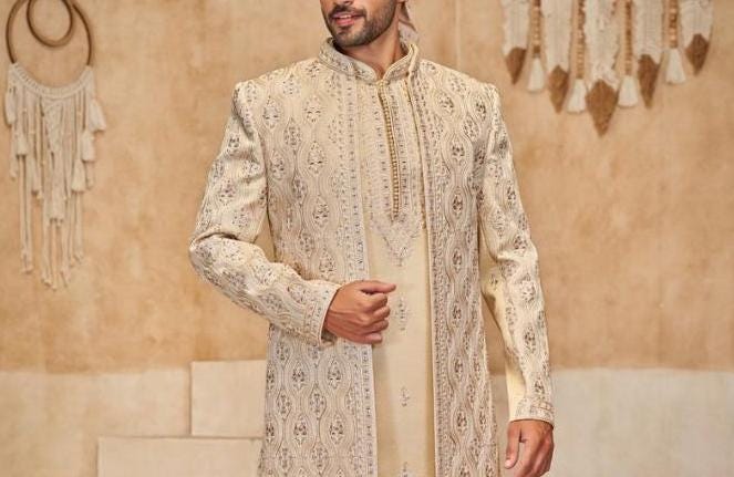 Beige Wedding Sherwani, Indian Groom Outfit, Full Set
