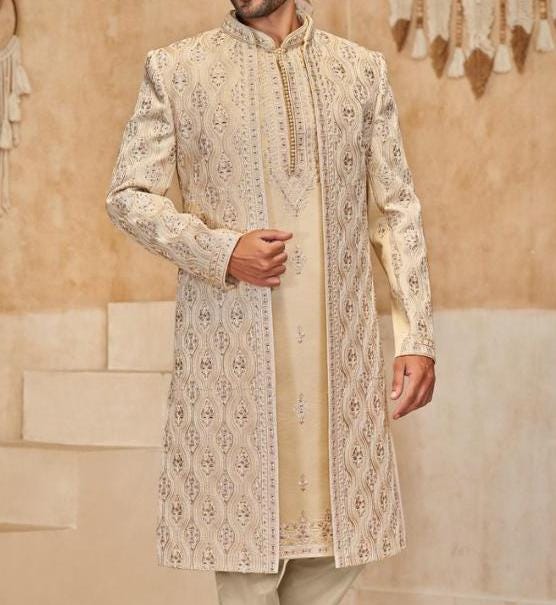 Beige Wedding Sherwani, Indian Groom Outfit, Full Set