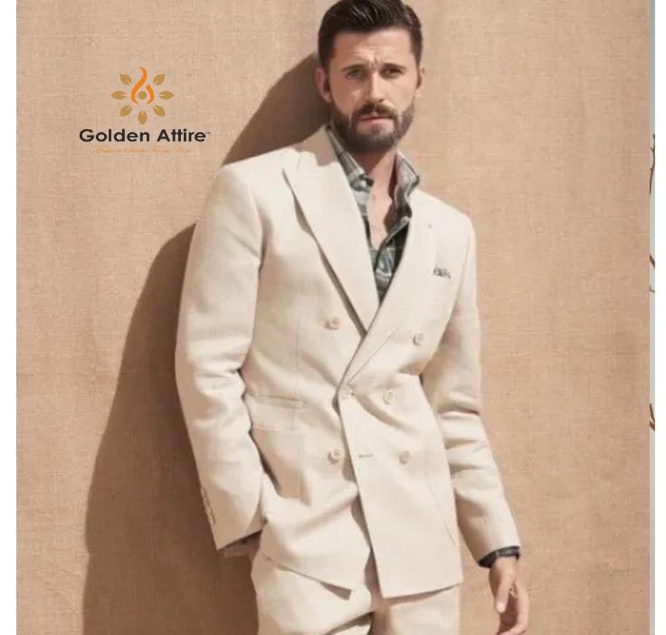 Linen Double Breasted Suit, Beige Slim Fit 2-Piece
