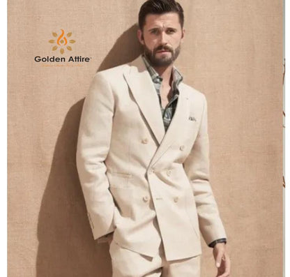 Linen Double Breasted Suit, Beige Slim Fit 2-Piece
