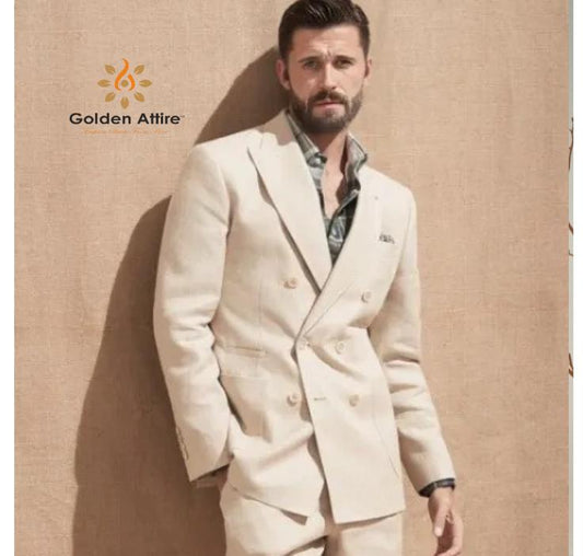 Linen Double Breasted Suit, Beige Slim Fit 2-Piece