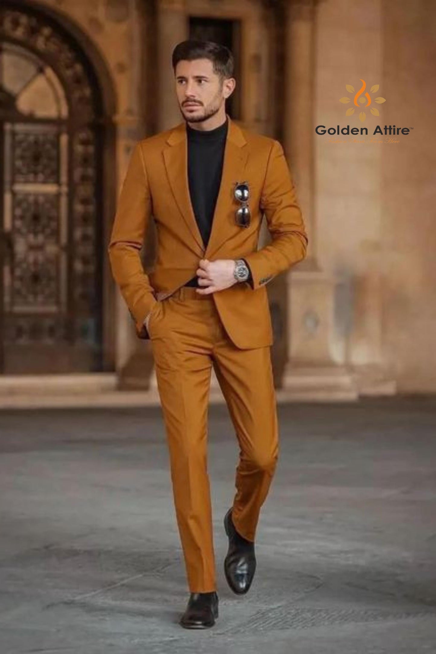 Rust Terry Rayon Two-Piece Suit: Elegant Wedding Groom Suit