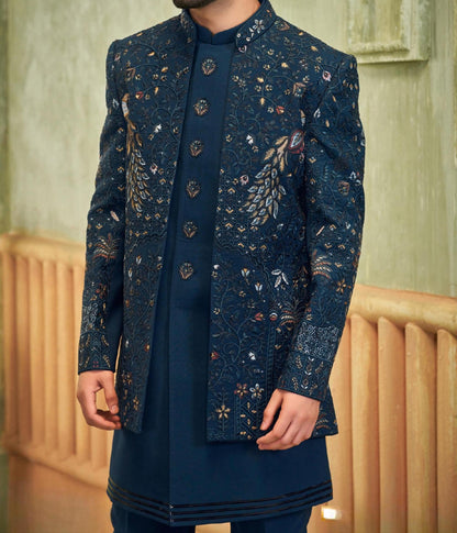 Peacock Blue Embroidered Indo-Western Sherwani: Groom Reception Outfit