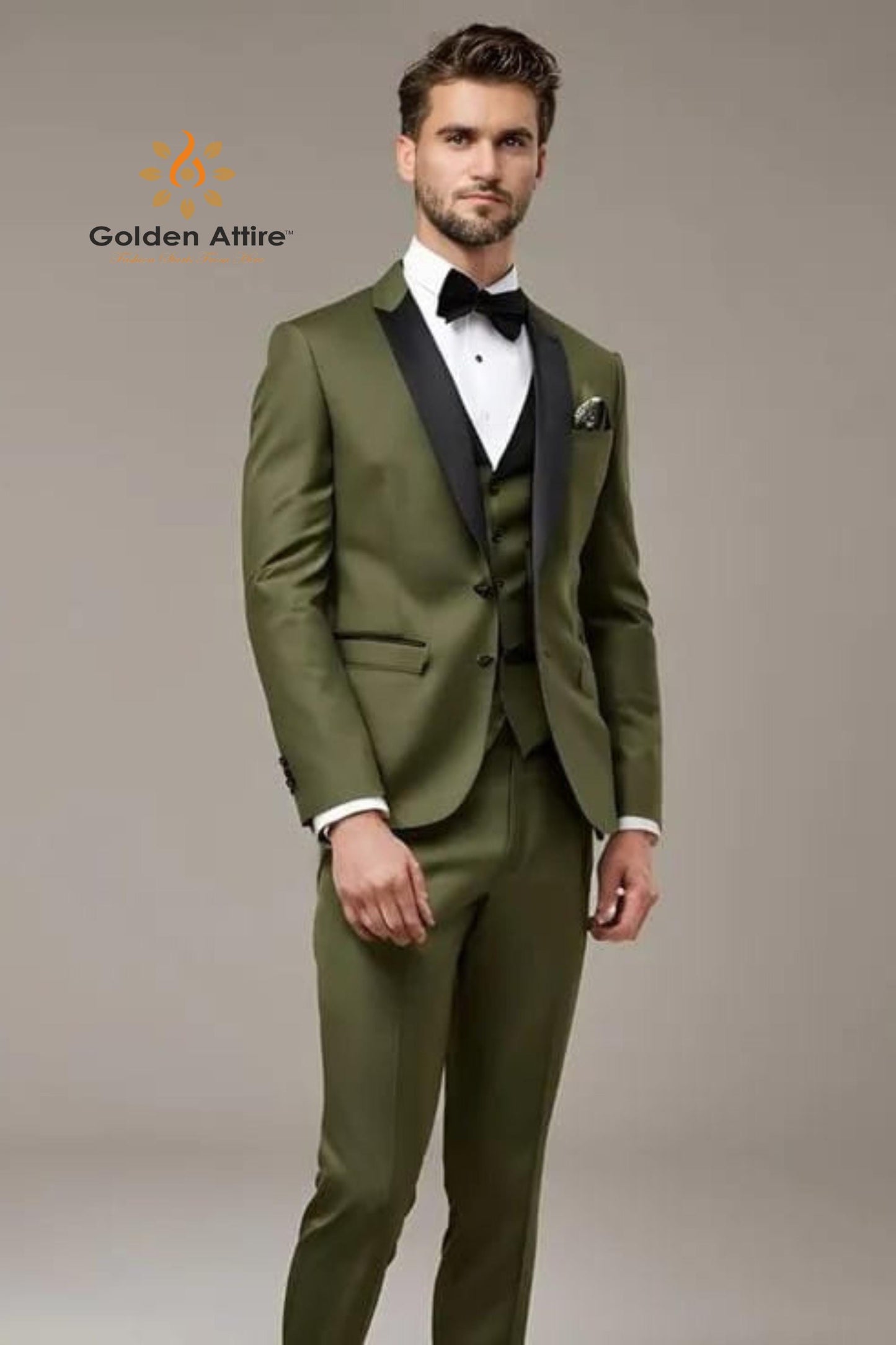 Olive Green 3-Piece Suit: Black Shawl Lapel Tuxedo Suit