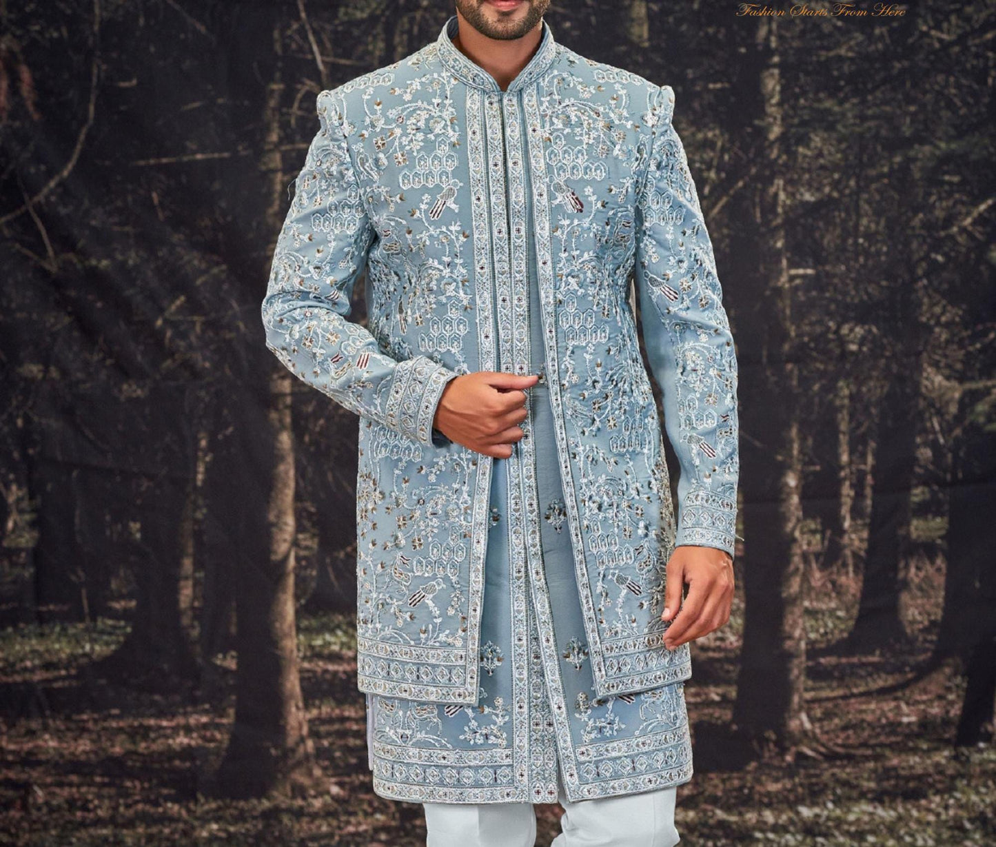 Sky Blue Embroidered Indo-Western Outfit: Groom Wedding Sherwani