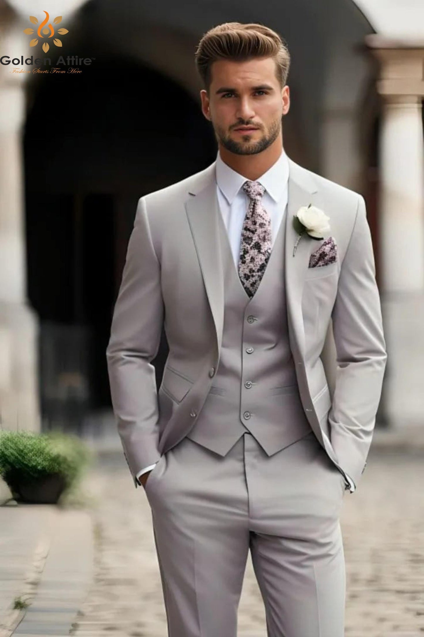Light Grey Terry Rayon Three-Piece Suit, Modern Groom Wear
