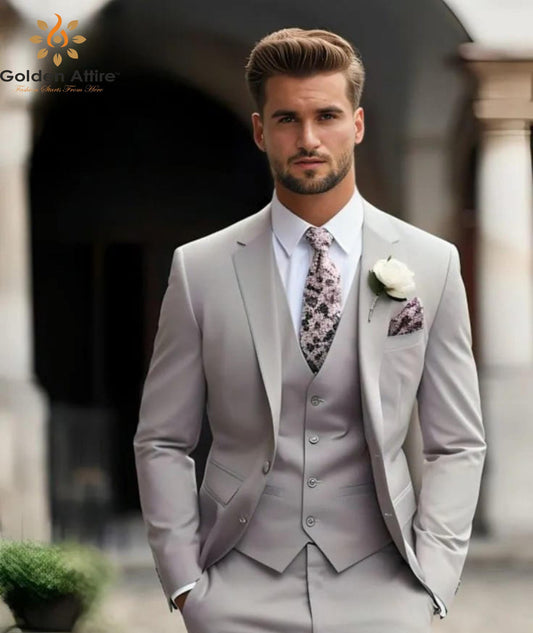 Light Grey Terry Rayon Three-Piece Suit, Modern Groom Wear