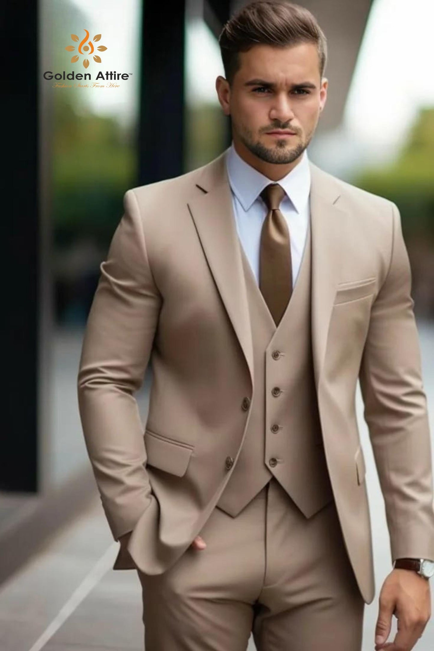 Beige Terry Rayon Three-Piece Suit, Men's Wedding Groom Bespoke Suit