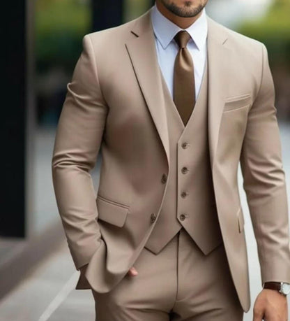 Beige Terry Rayon Three-Piece Suit, Men's Wedding Groom Bespoke Suit