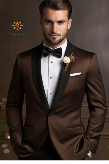 Brown Dinner Suit Black Shawl Lapel Tuxedo, Wedding Groom Suit