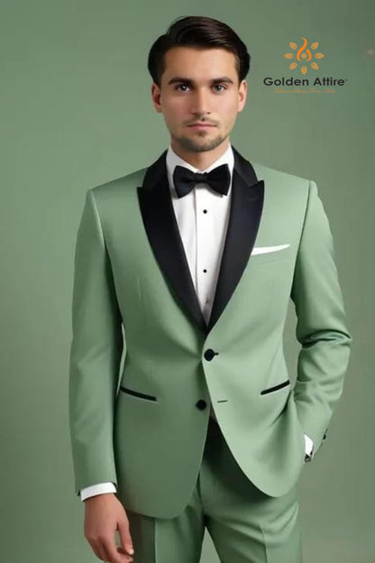 Sage Green Three-Piece Suit: Black Lapel Teri Rayon Bespoke Suit
