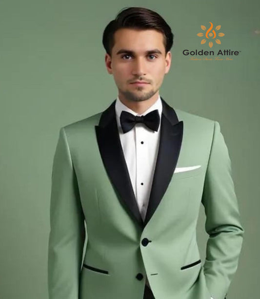 Sage Green Three-Piece Suit: Black Lapel Teri Rayon Bespoke Suit