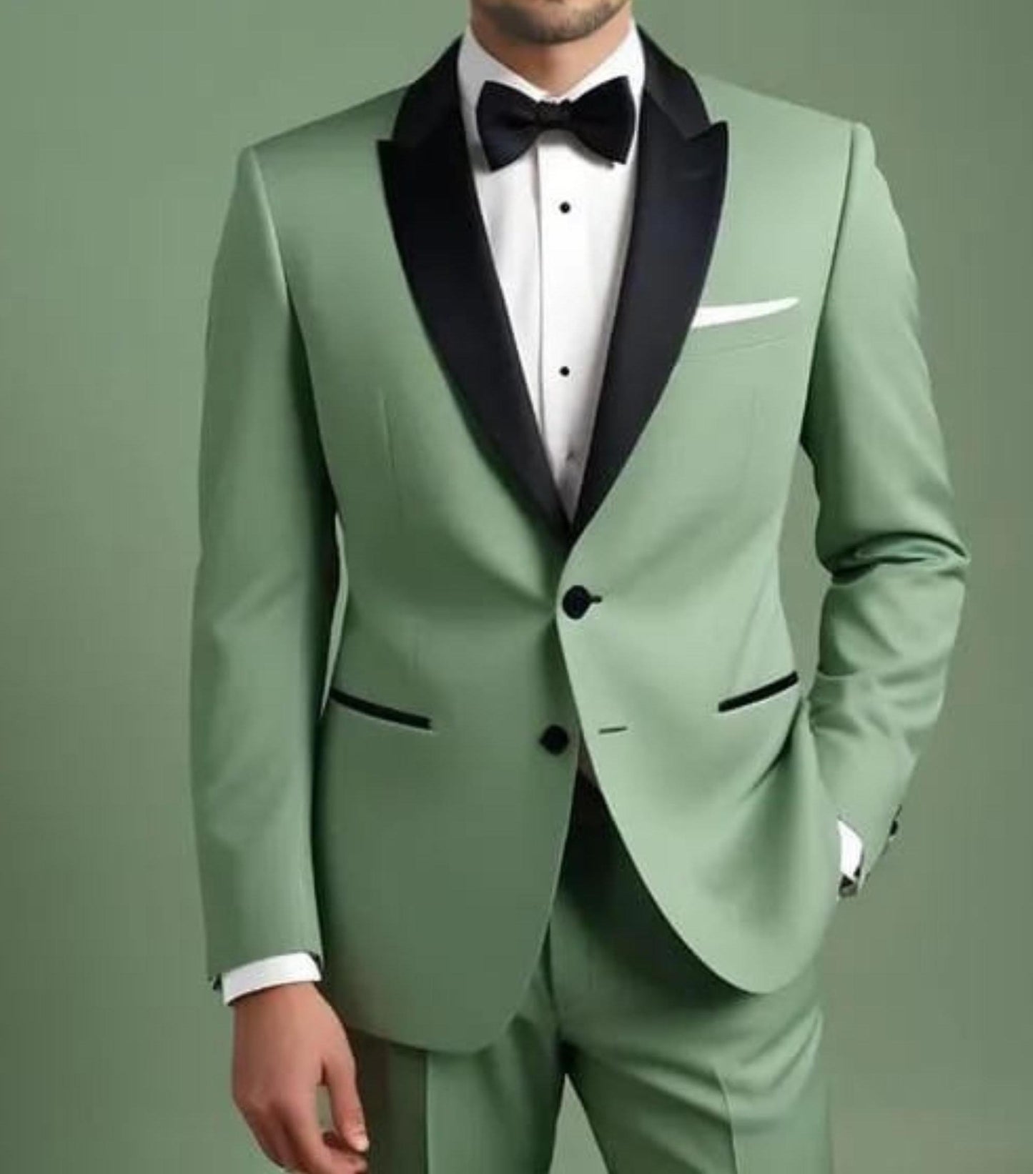 Sage Green Three-Piece Suit: Black Lapel Teri Rayon Bespoke Suit