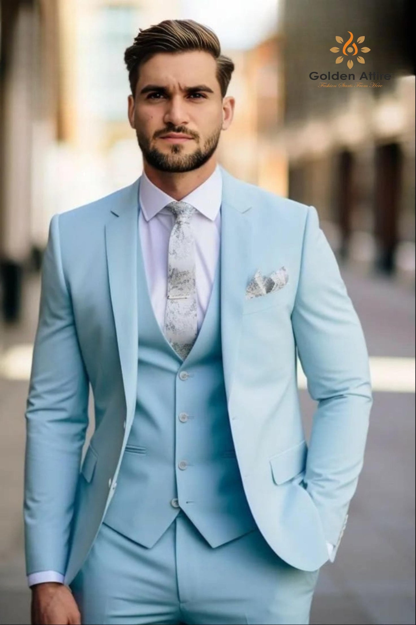 Sky Blue Suit Custom Three-Piece Wedding bespoke Suit,