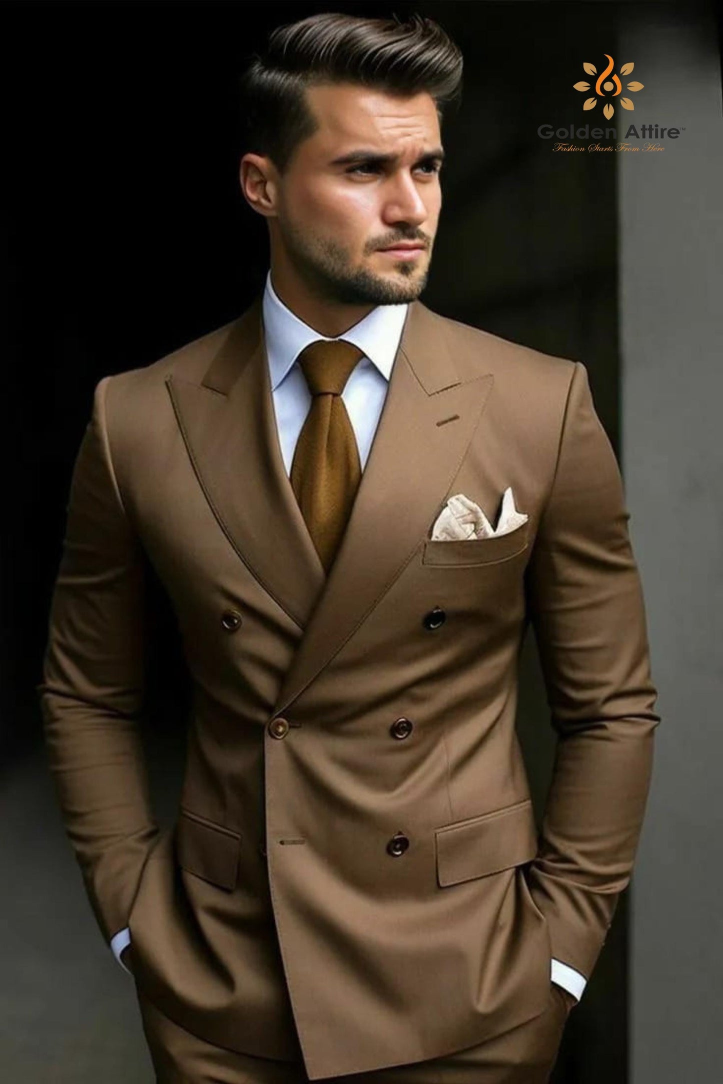 Brown Terry Rayon Double Breasted Suit: Modern Gentleman Wedding Groom