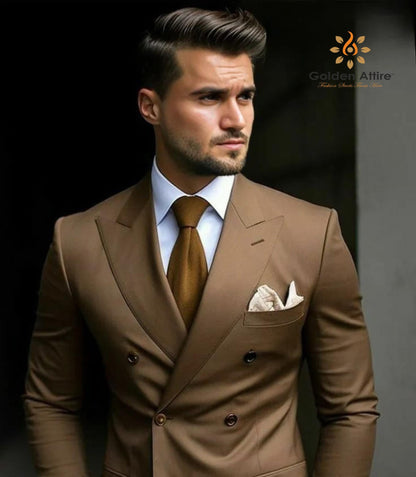 Brown Terry Rayon Double Breasted Suit: Modern Gentleman Wedding Groom