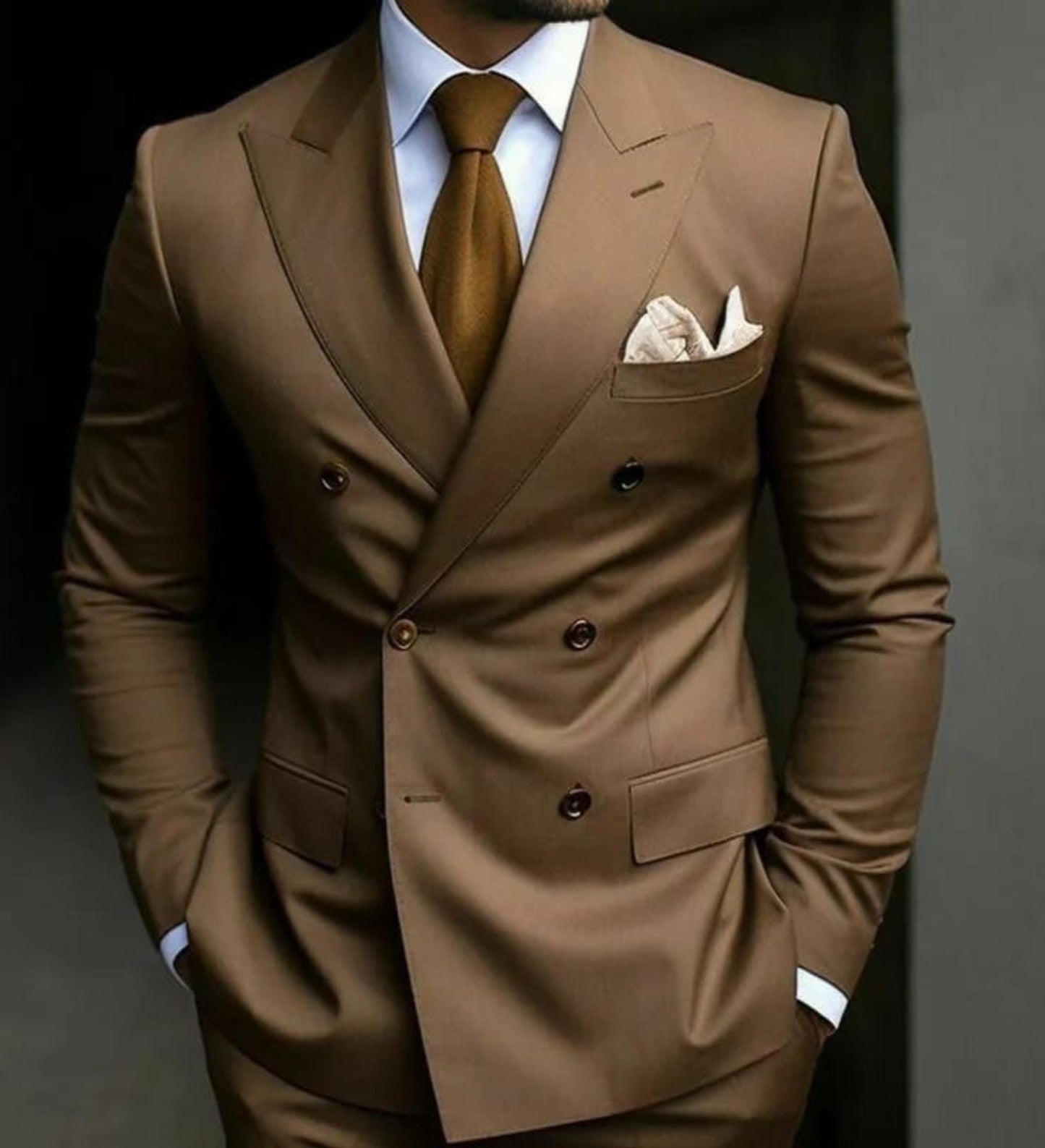 Brown Terry Rayon Double Breasted Suit: Modern Gentleman Wedding Groom