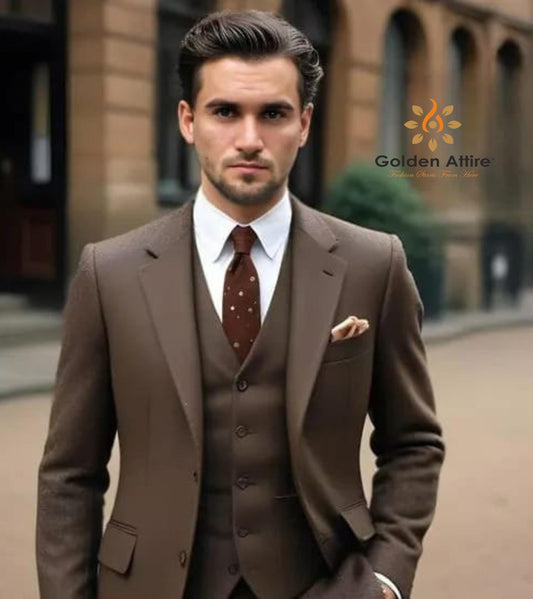 Dark Brown 3-Piece Suit: Tailored Fit Men's Wedding Groom Suit