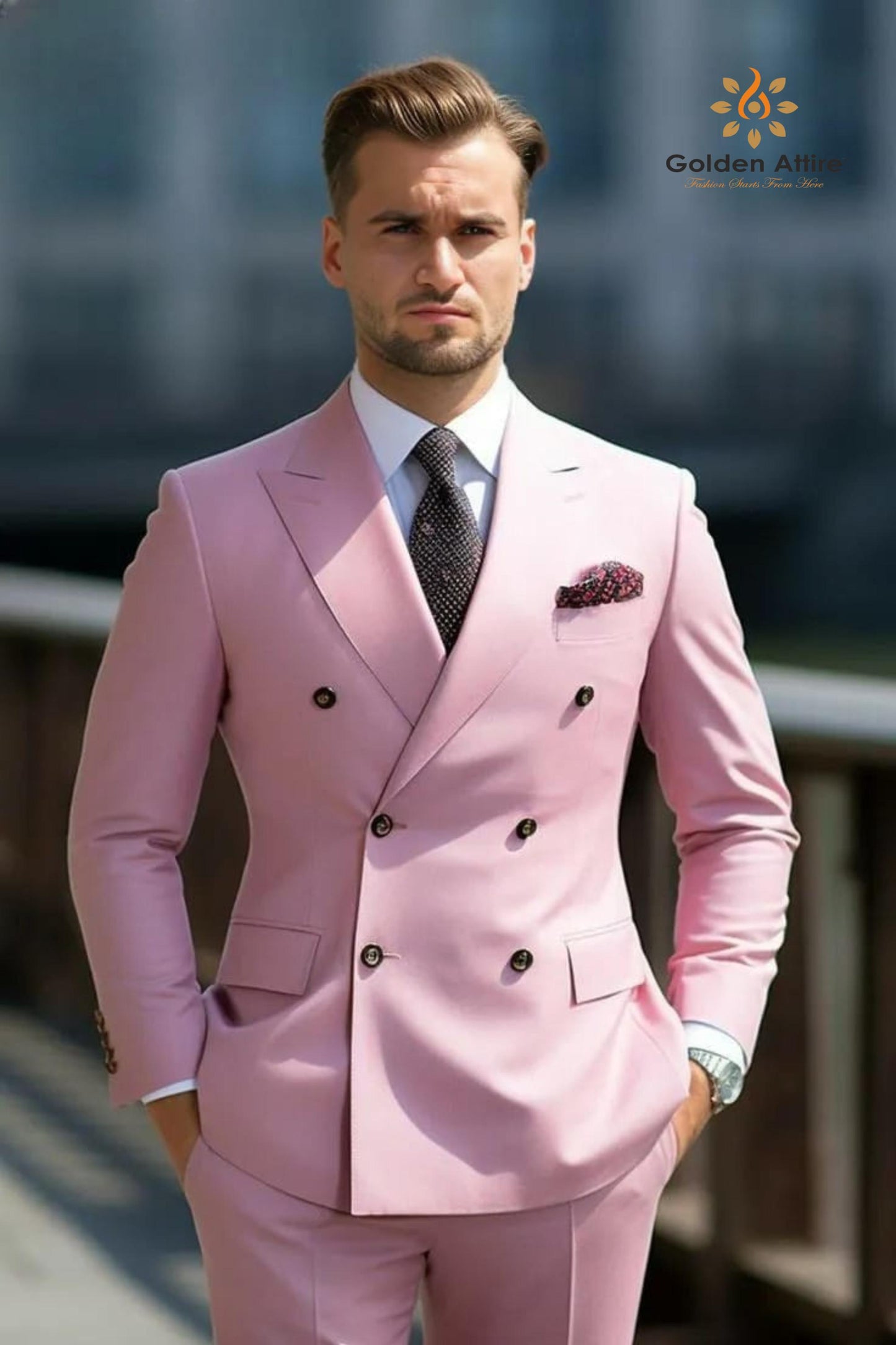 Pink Double Breasted Suit: Customizable Fit, Wedding Groom Suit