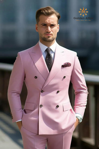 Pink Double Breasted Suit: Customizable Fit, Wedding Groom Suit
