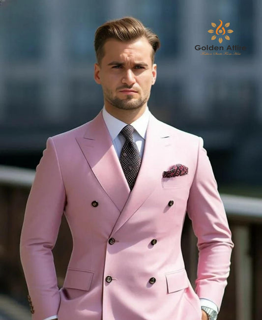 Pink Double Breasted Suit: Customizable Fit, Wedding Groom Suit