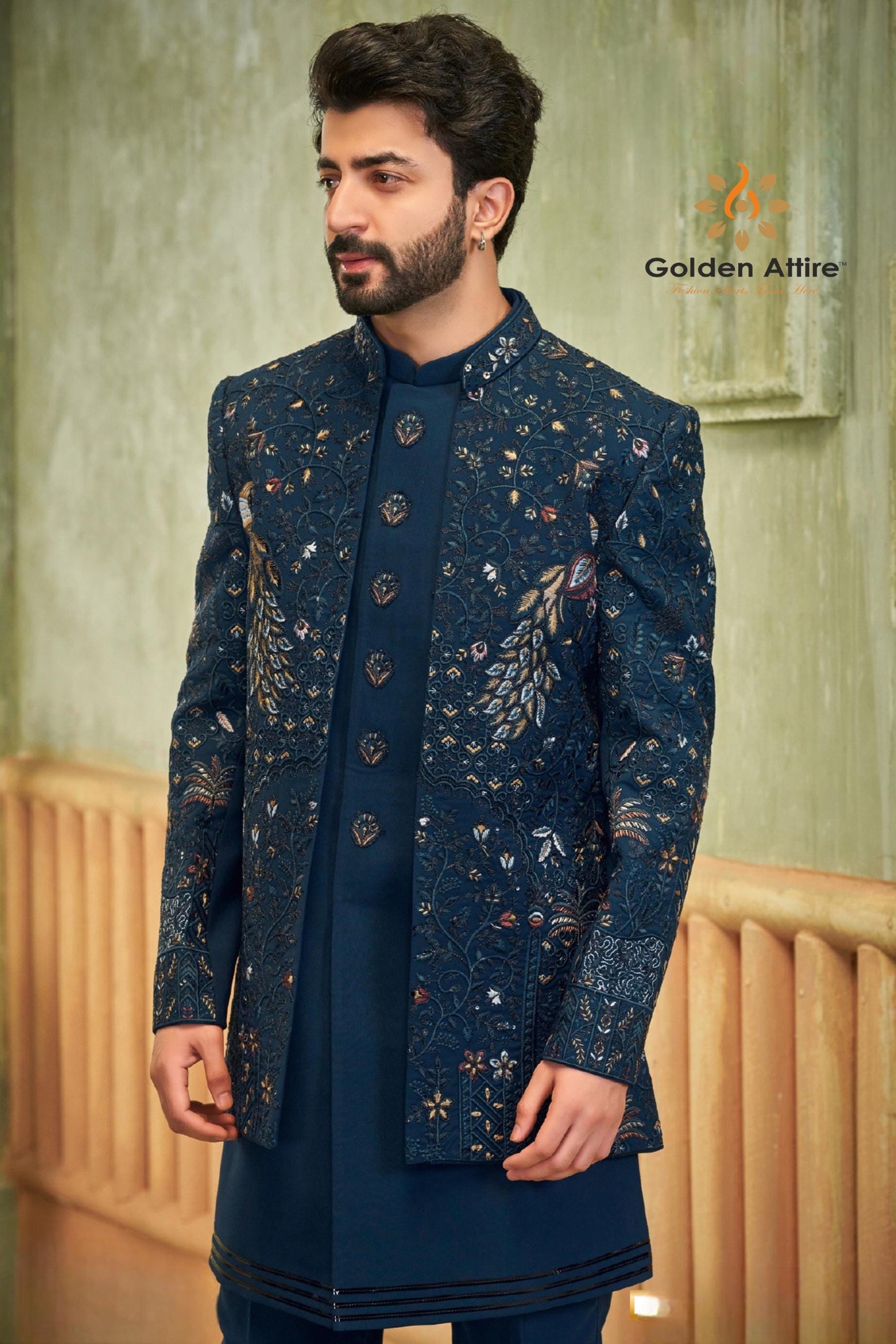Peacock Blue Embroidered Indo-Western Sherwani: Groom Reception Outfit