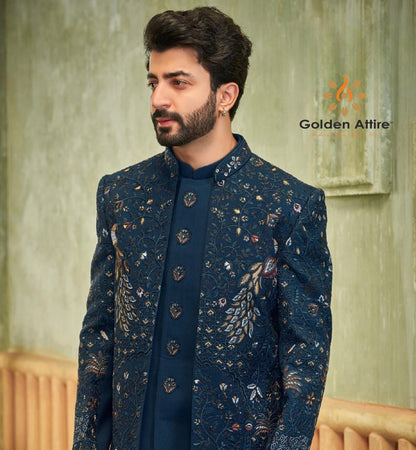 Peacock Blue Embroidered Indo-Western Sherwani: Groom Reception Outfit