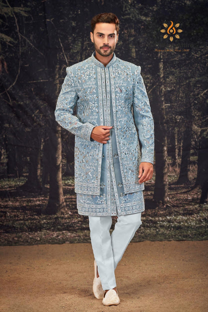 Sky Blue Embroidered Indo-Western Outfit: Groom Wedding Sherwani