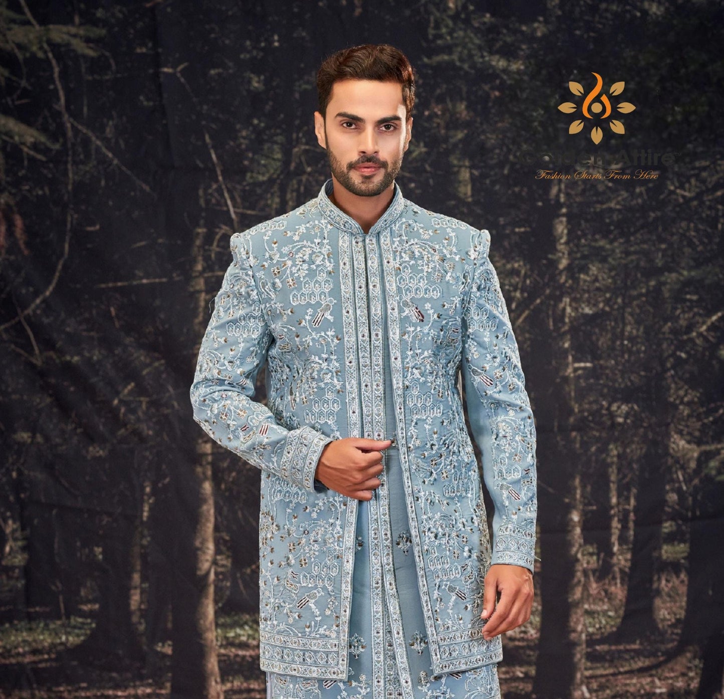 Sky Blue Embroidered Indo-Western Outfit: Groom Wedding Sherwani