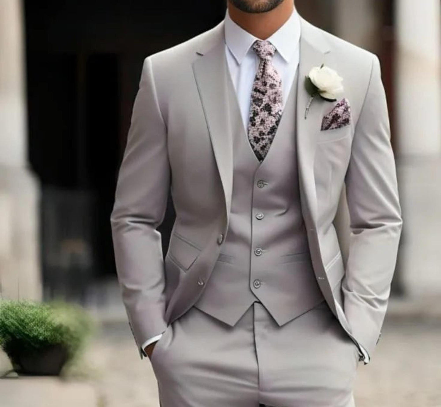 Light Grey Terry Rayon Three-Piece Suit, Modern Groom Wear