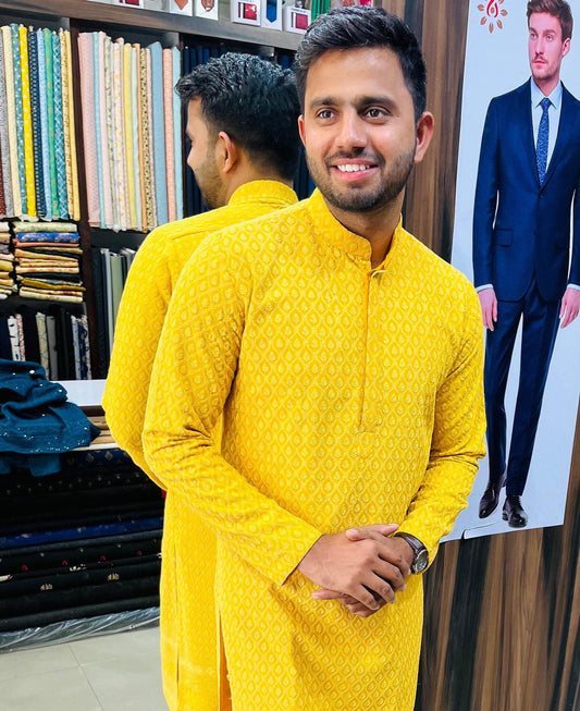 Handmade Yellow Kurta Pajama Set, Indian Wedding Outfit