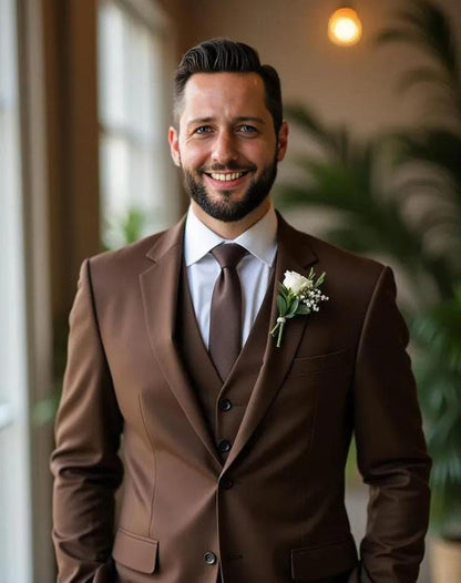 Dark Brown Three Piece Suit, Customizable Fit, Engagement Reception, business suit for men