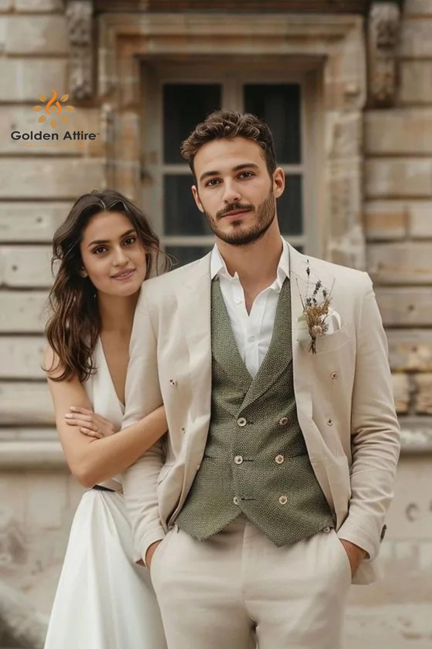 Elegant Cream Three-Piece Suit with Green Vest - Customizable Fit