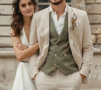 Elegant Cream Three-Piece Suit with Green Vest - Customizable Fit