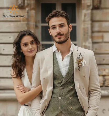 Elegant Cream Three-Piece Suit with Green Vest - Customizable Fit