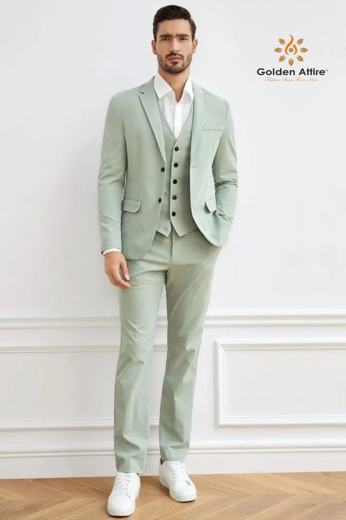 Sage Green 3-Piece Suit, Customizable Fit, Terry Rayon Fabric