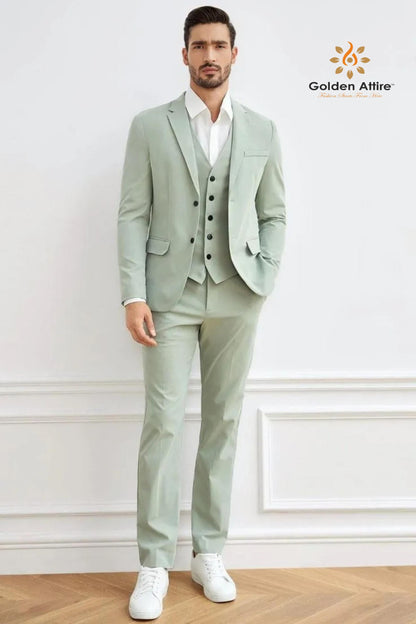 Sage Green 3-Piece Suit, Customizable Fit, Terry Rayon Fabric