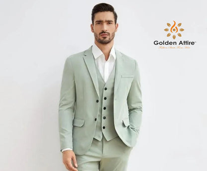 Sage Green 3-Piece Suit, Customizable Fit, Terry Rayon Fabric