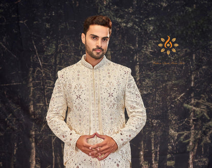 Ivory Silk Sherwani: Bespoke Indian Groom Wedding Outfit