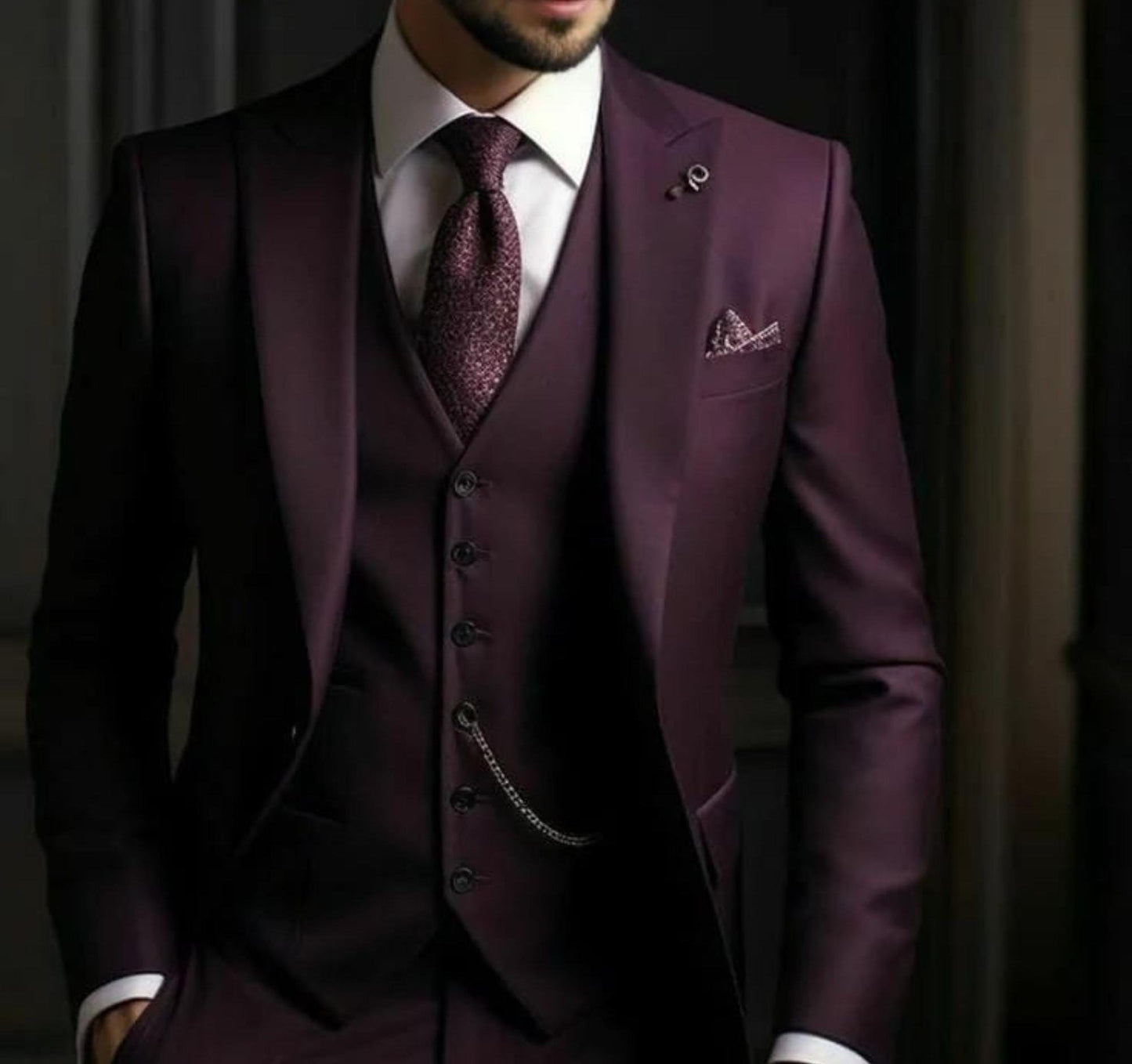 Royal Purple Three-Piece Suit, Luxury Groomsmen Suit