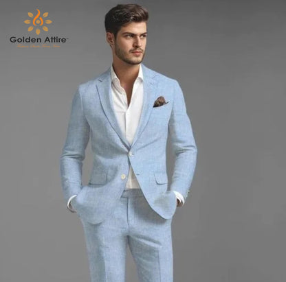 Sky Blue Linen Two-Piece Suit, Summer Wedding, Prom
