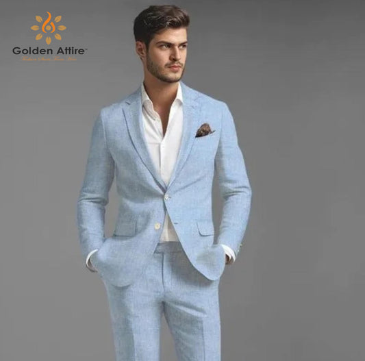 Sky Blue Linen Two-Piece Suit, Summer Wedding, Prom