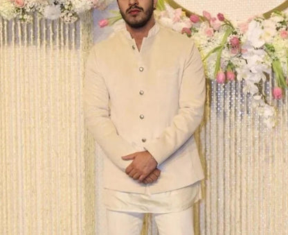 Customizable Off White Terry Rayon Jodhpuri Suit, Elegant Indian Wedding Outfit