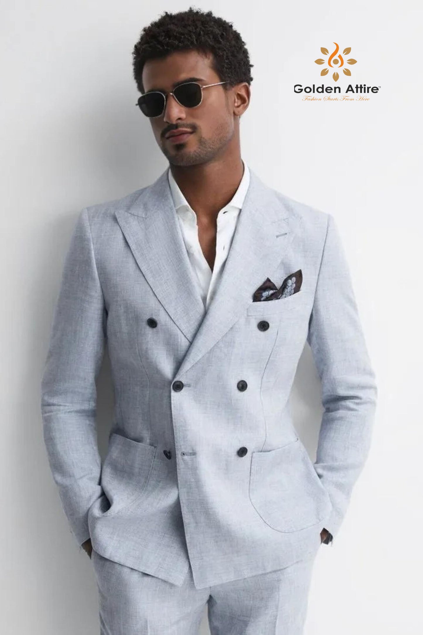 Sky Blue Linen Double-Breasted Suit, Customizable Tailoring Suit