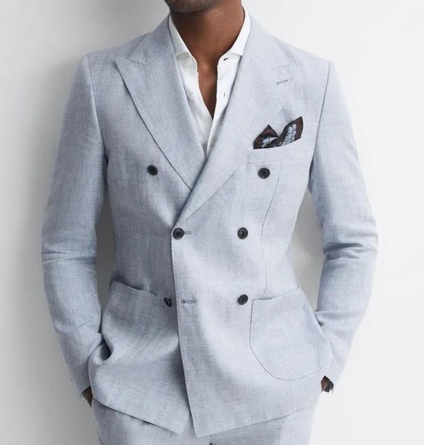 Sky Blue Linen Double-Breasted Suit, Customizable Tailoring Suit